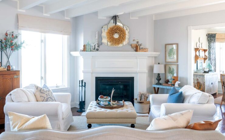 wheat wreath and tufted ottoman in Texas fall farmhouse