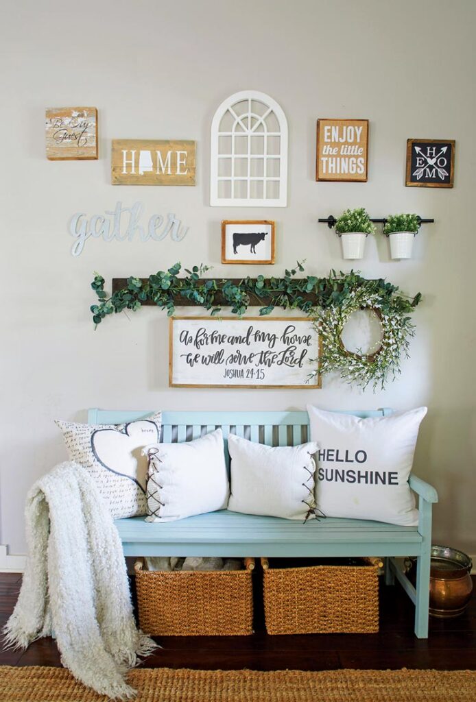 entryway in Texas farmhouse home with word art and bench