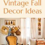 Living room with vintage fall decor on the walls and sofa with text