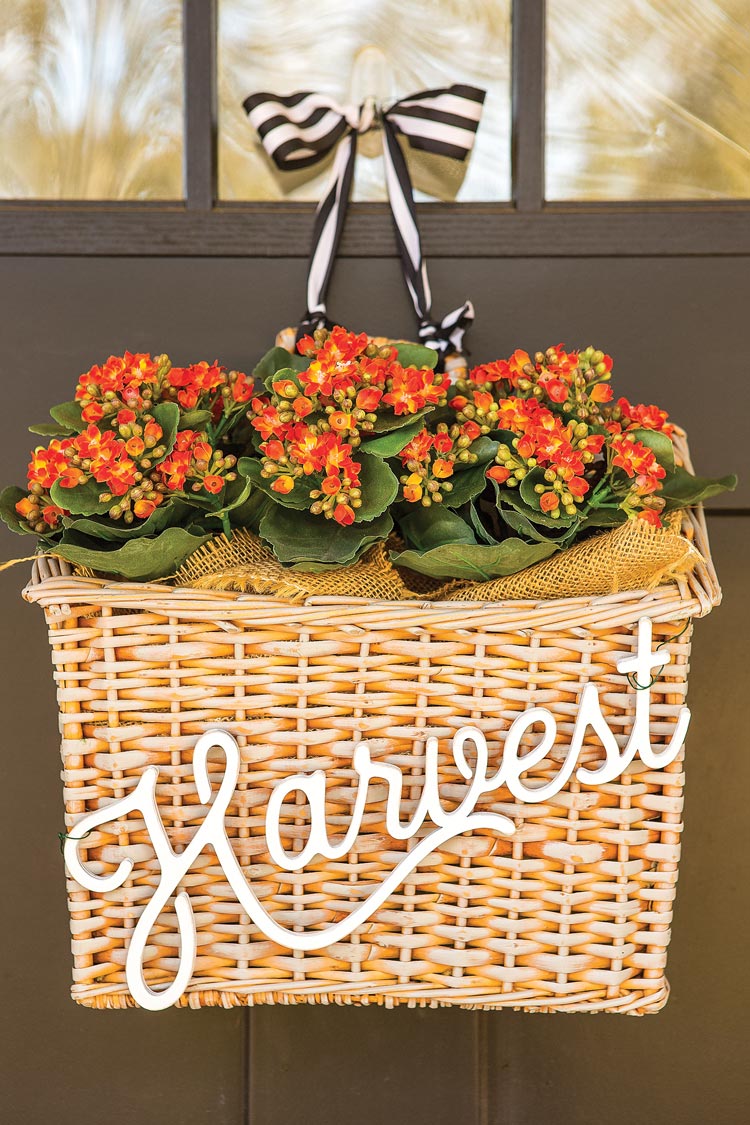 front door woven basket with fall flowers