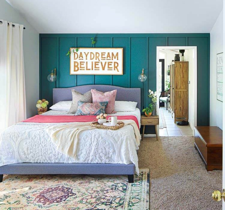 teal accent wall word art and lavender bed frame in farmhouse bedroom