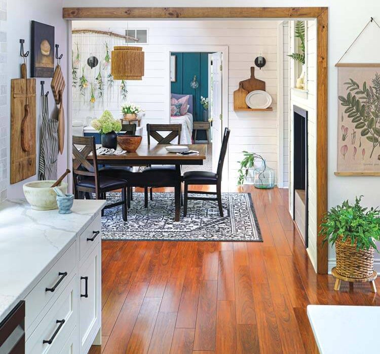 dining room with shiplap walls and farmhouse decor