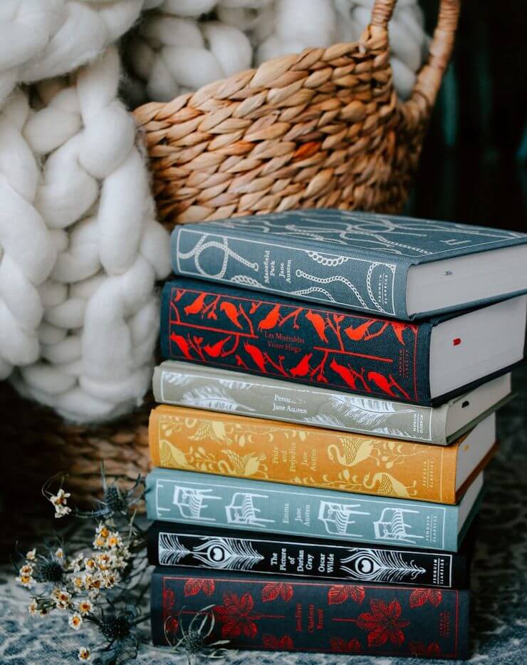 colorful books in a room of neutrals