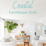 Living room with coastal farmhouse style and text