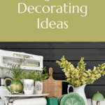 Decorating vignette with green vintage items with herb garden and text