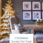 Dining table with Christmas tree in the background and text
