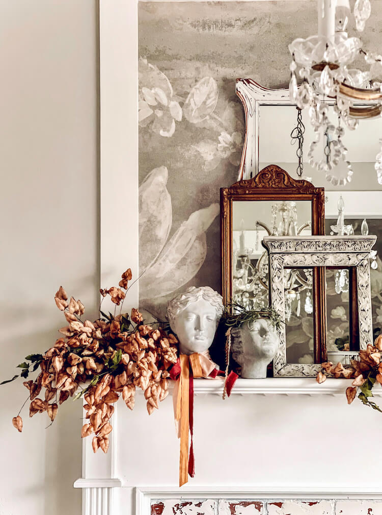 dried leaves on mantel for fall vignette