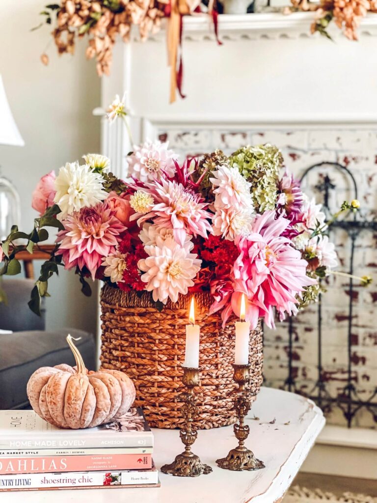 fall floral arrangement in wicker basket with dahlias