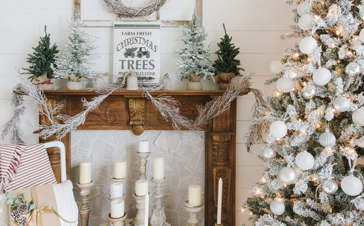 Mantel with Christmas tree next to it for Christmas essential oils