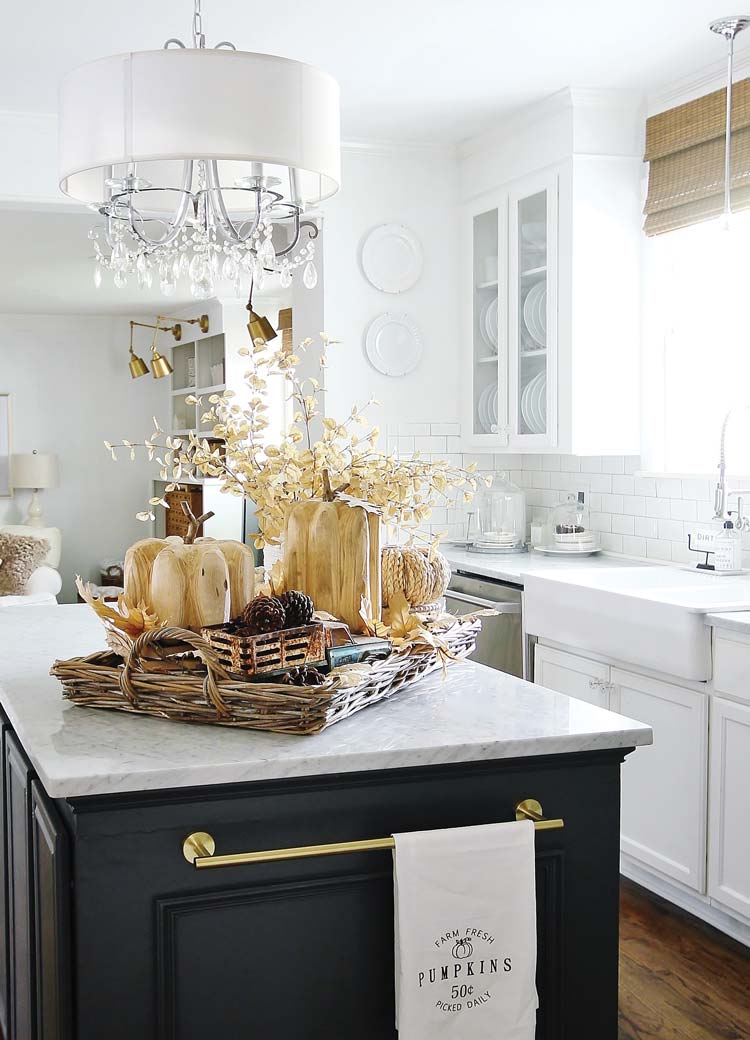 Easy fall decorating on kitchen island with tray and pumpkins