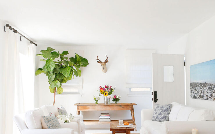 White living room with coastal farmhouse decor and art