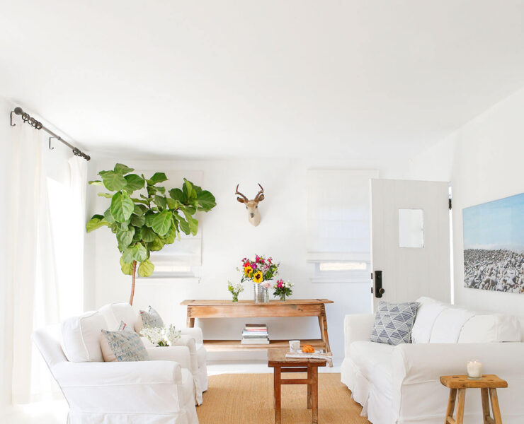 White living room with coastal farmhouse decor and art