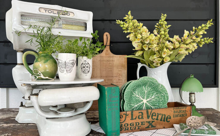 Decorating vignette with green vintage items with herb garden