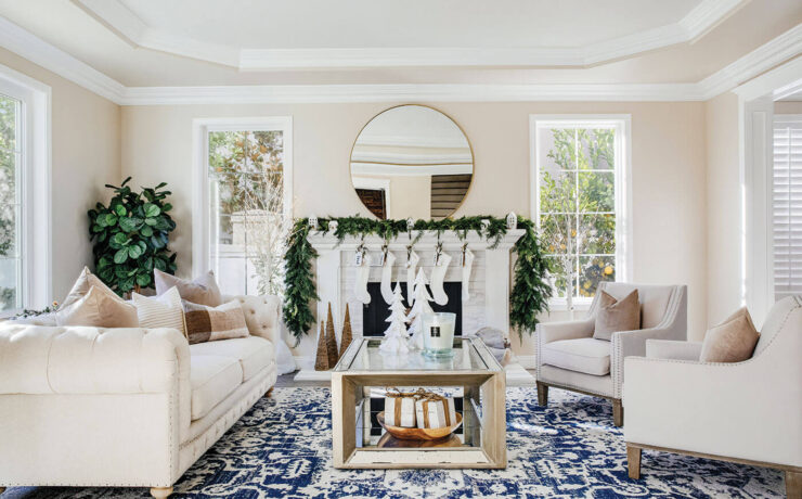 white Christmas stockings and in California country Christmas living room
