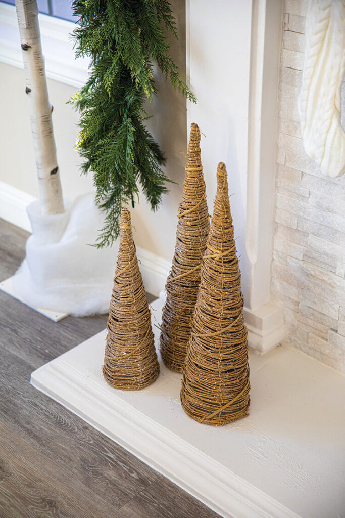 woven decorative conical trees below stockings