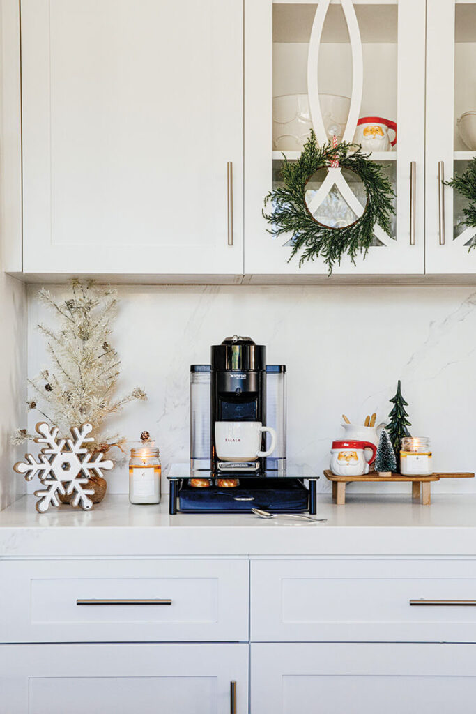 coffee bar with mini tree and wooden snowflake