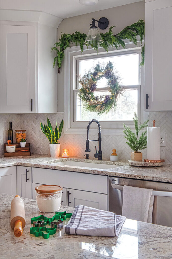 holiday baking and wreath and garland in farmhouse kitchen
