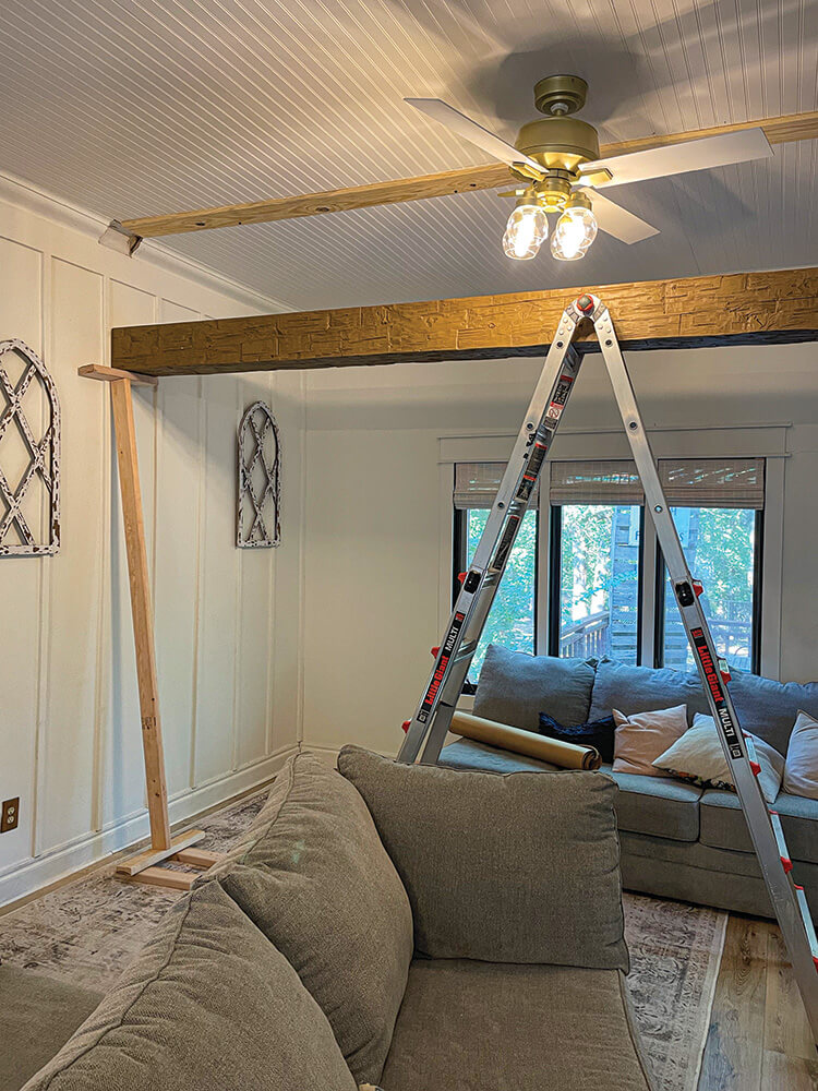 installing DIY faux ceiling beam