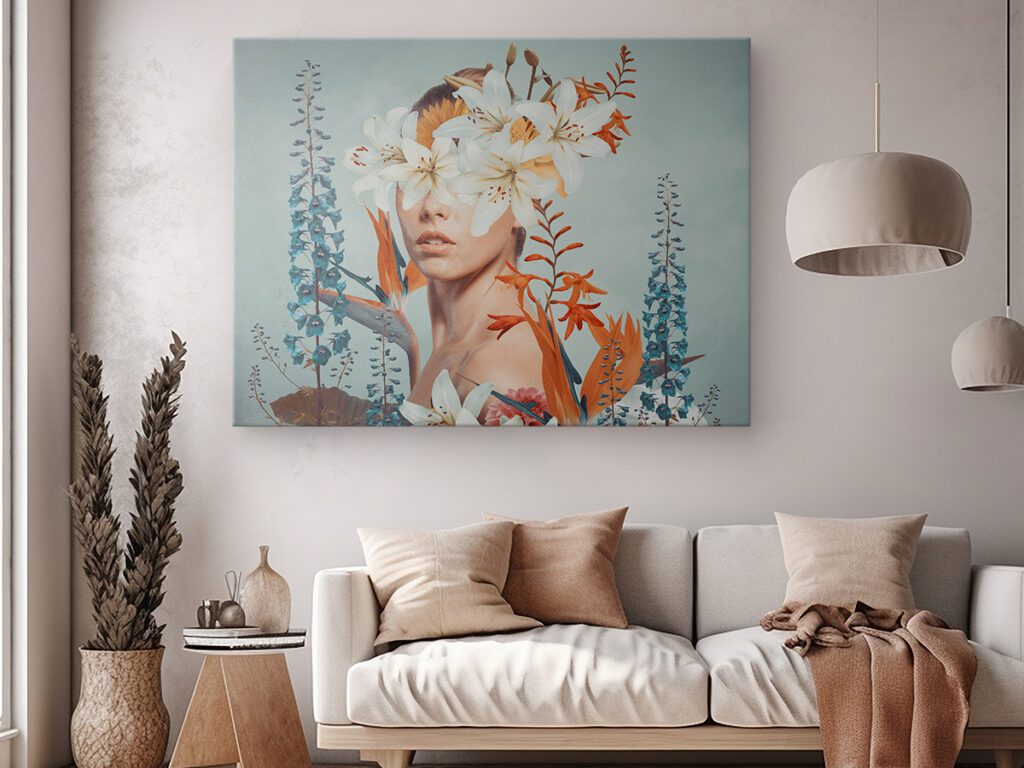 large floral portrait in living room