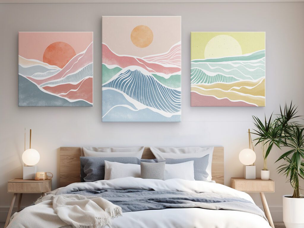 pastel canvas prints in bedroom