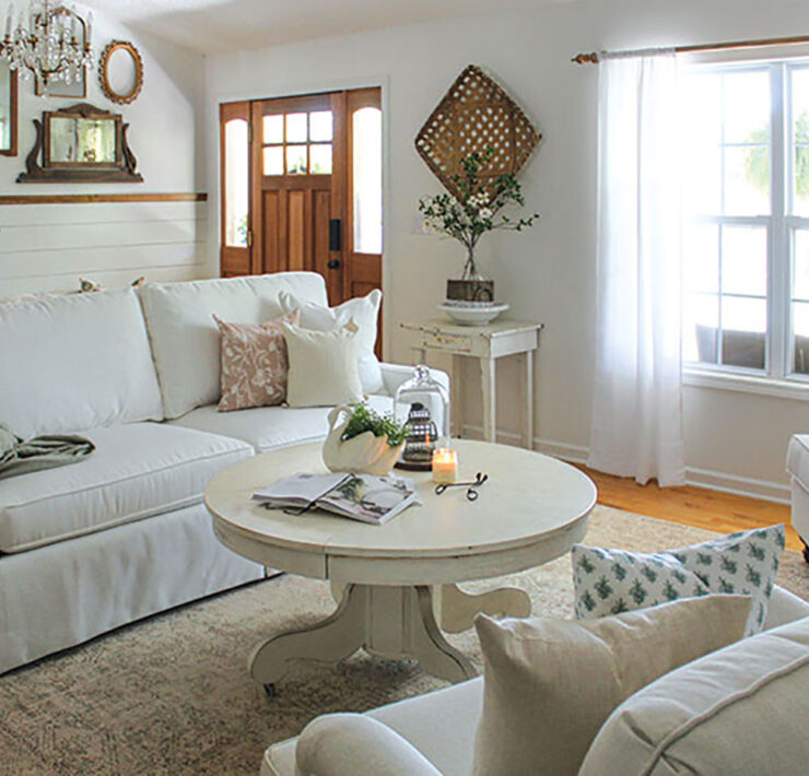 custom white farmhouse sofa in living room