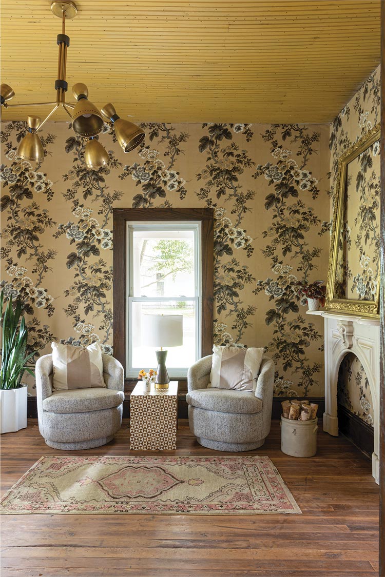 yellow floral wallpaper in renovated 1920s bungalow