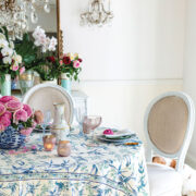 vintage French style dining chair and floral arrangements in elegant Florida farmhouse dining room