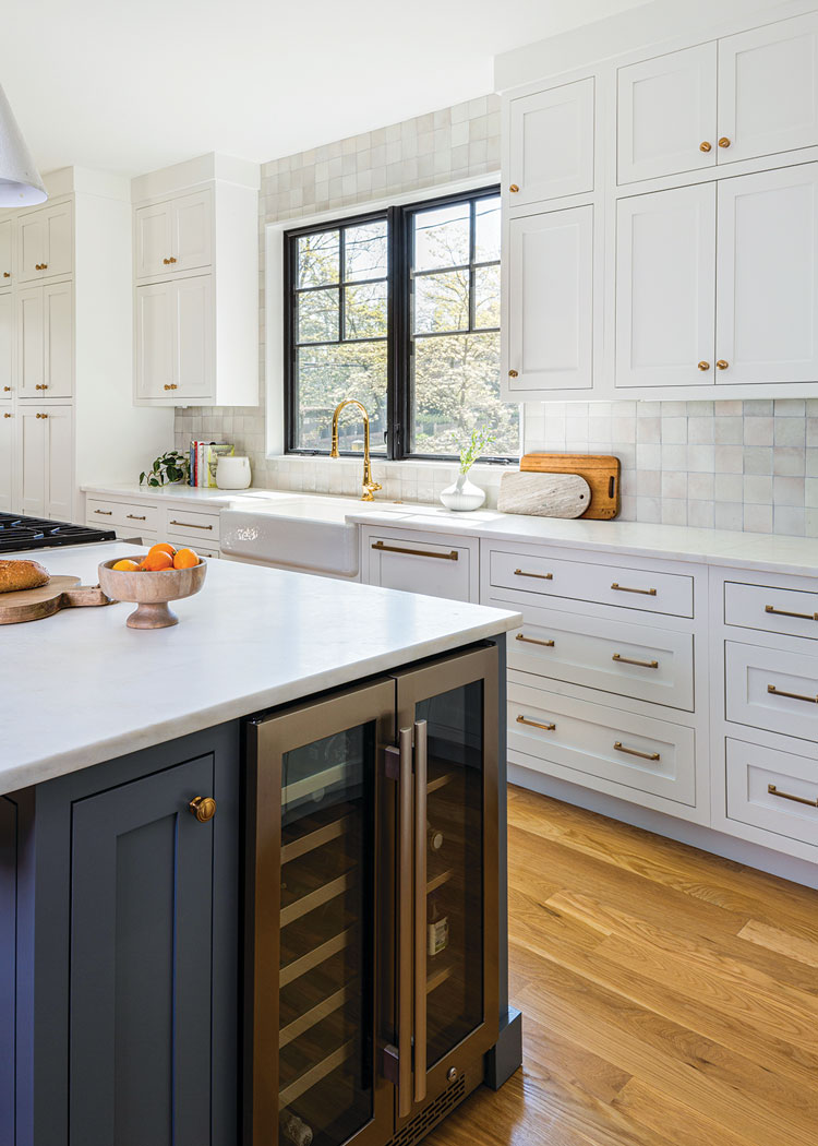 wine fridge and white cabinetry in modern farmhouse style kitchen