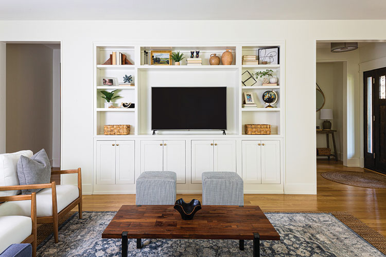 media room with built-in cutouts in modern farmhouse style living room