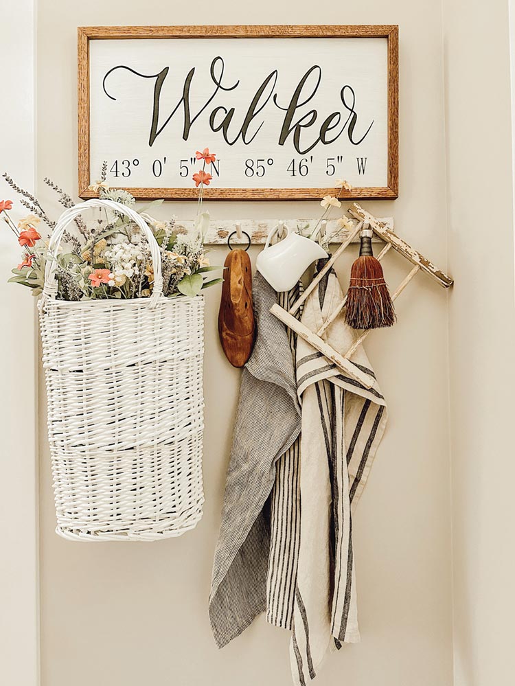 woven baskets and other vintage objects in entryway