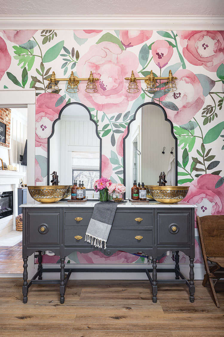 vintage vanity and floral wallpaper in modern farmhouse