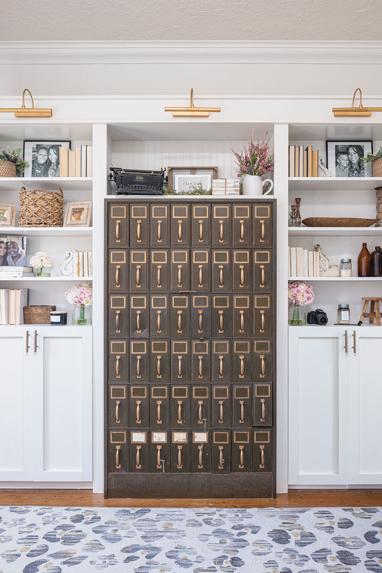 vintage apothecarys cabinets in modern farmhouse shelving
