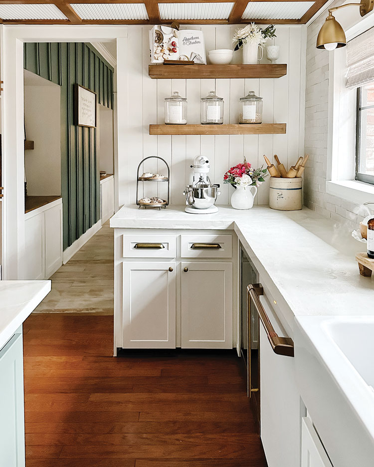 white countertops in farmhouse style kitchen