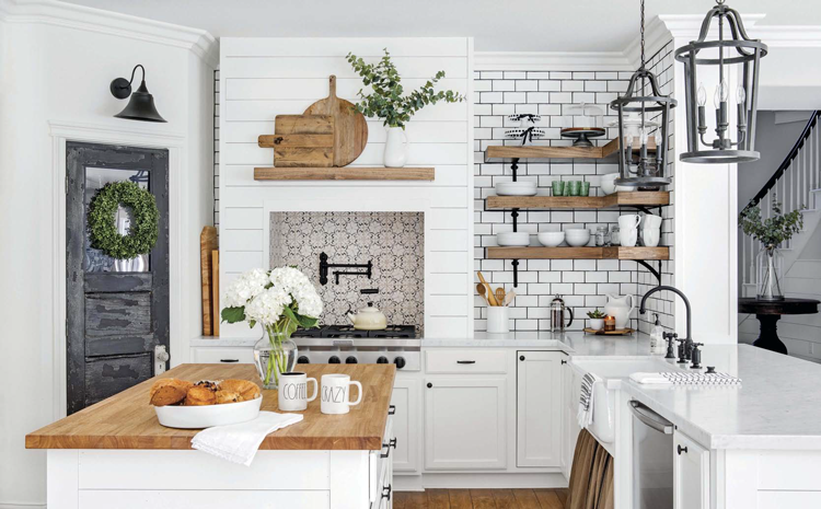 modern farmhouse style kitchen with black and wood accents and tile backsplash