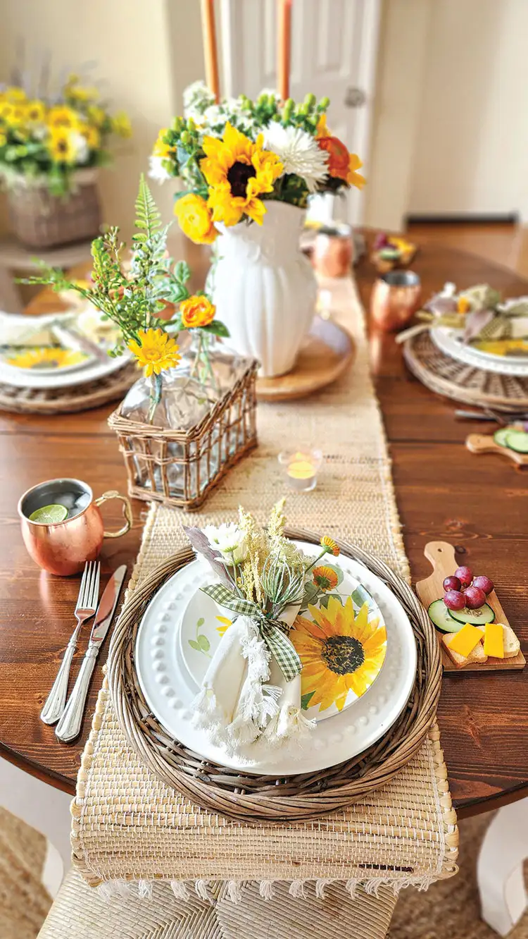 sunflower table settings with finger foods and grasses at each place