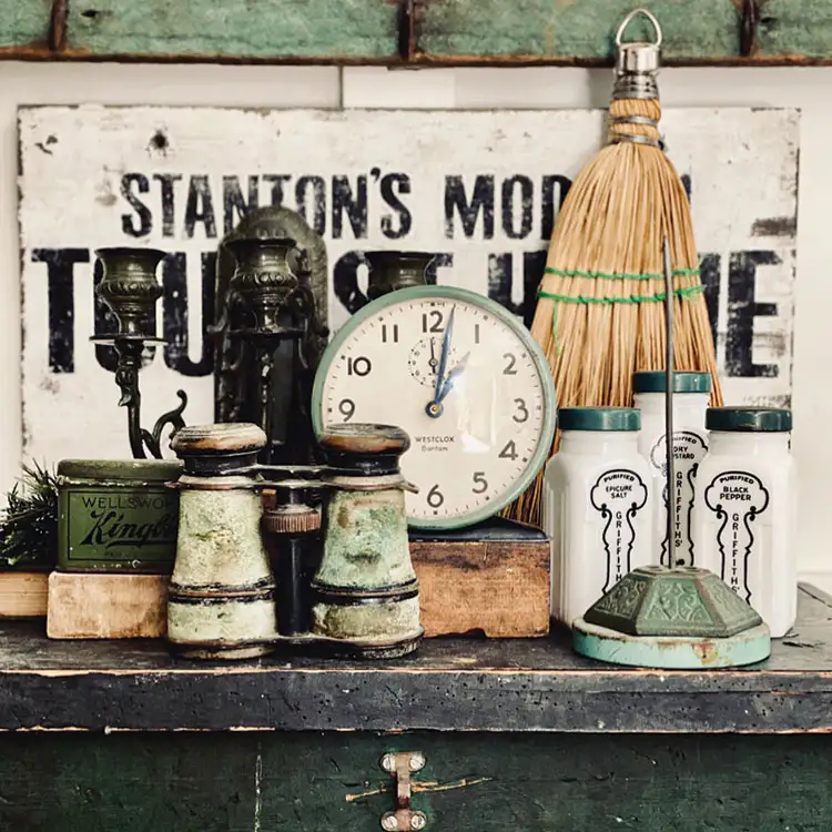 vintage clock in vignette of vintage kitchenalia