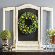 DIY lemon wreath on display in vignette