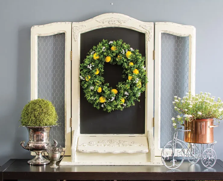 DIY lemon wreath on display in vignette