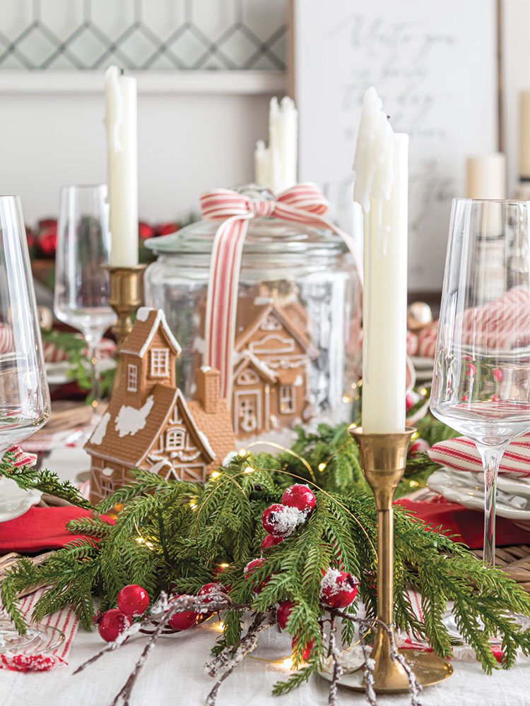 DIY Gingerbread Snow Globe Jar centerpiece of holiday tablescape