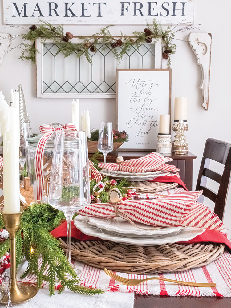 red and white striped napkins with gingerbread centerpiece