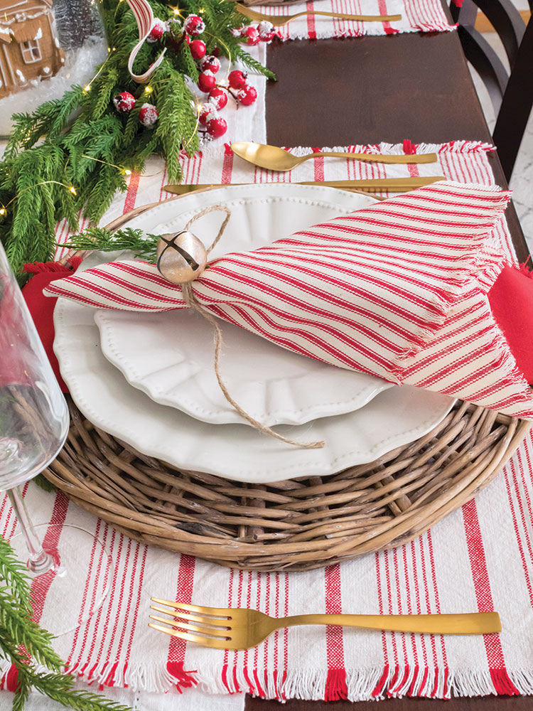 red and white striped theme for holiday tablescape