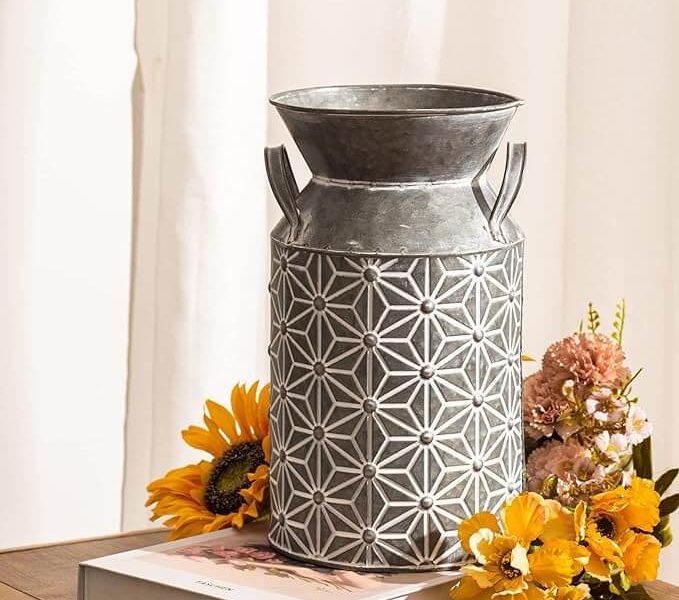 galvanized metal vintage style milk can with textured pattern