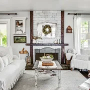 white living room with vintage furniture in California dream home