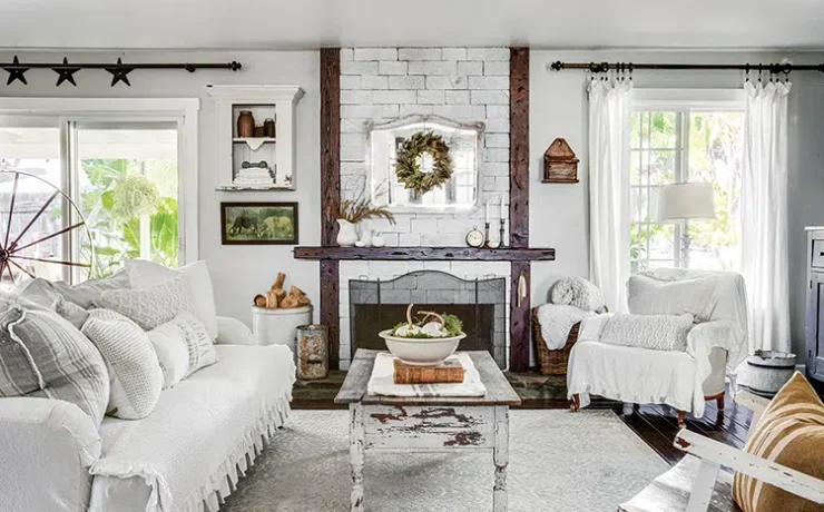 white living room with vintage furniture in California dream home