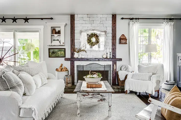 white living room with vintage furniture in California dream home