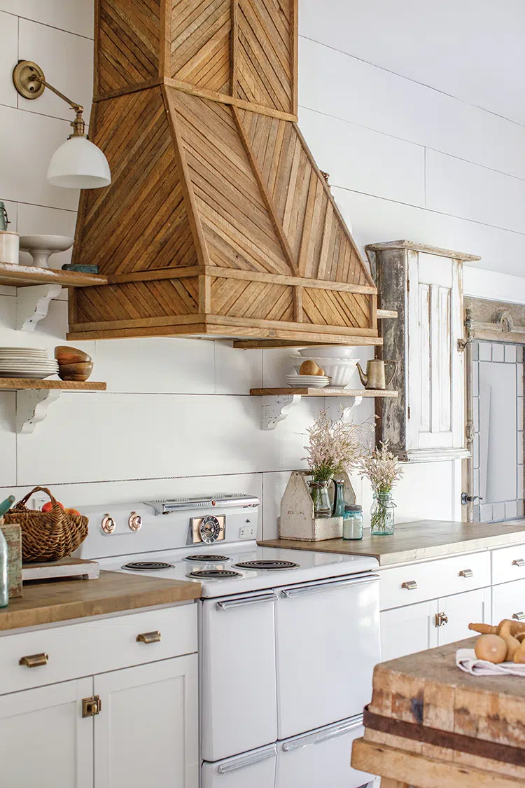 vintage door and DIY wood range hood cover