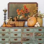 distressed drawers flower painting, pumpkins and gourds for fall vignette in Florida home