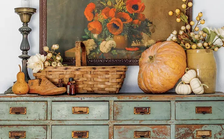 distressed drawers flower painting, pumpkins and gourds for fall vignette in Florida home