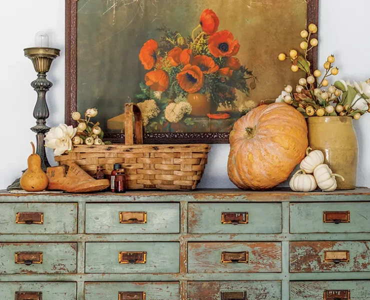 distressed drawers flower painting, pumpkins and gourds for fall vignette in Florida home