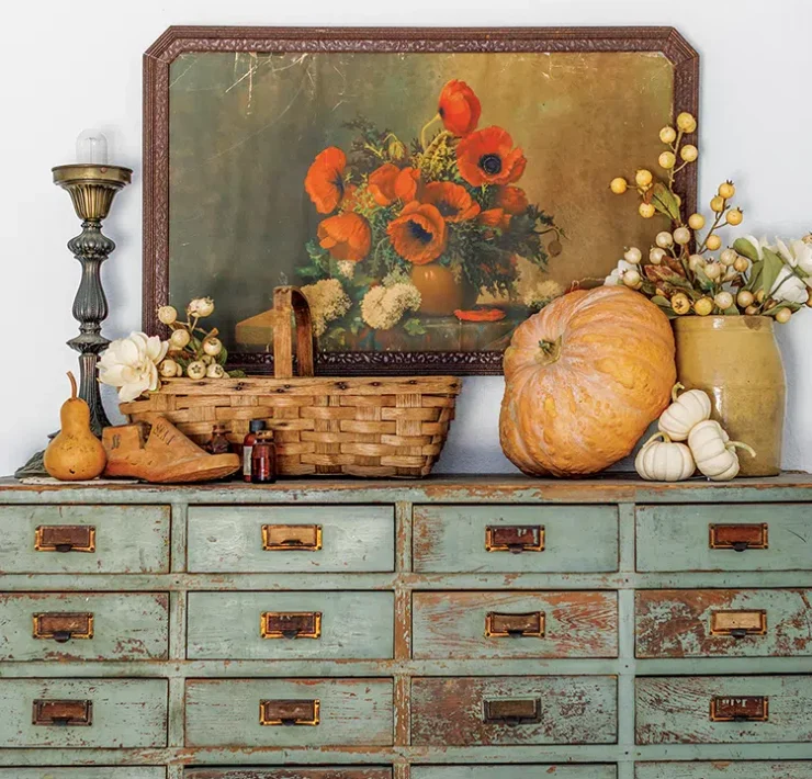 distressed drawers flower painting, pumpkins and gourds for fall vignette in Florida home